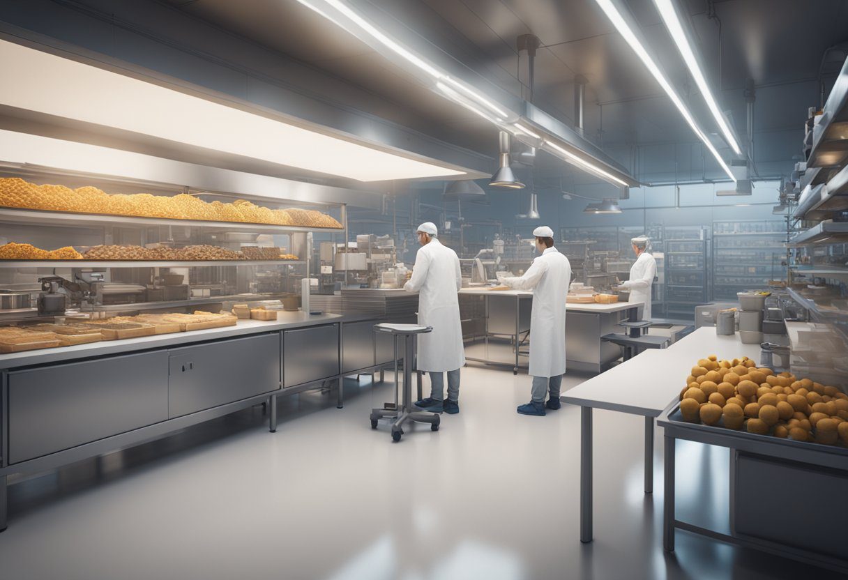 A laboratory setting with scientists conducting experiments on ultra-processed foods, surrounded by research papers and policy documents