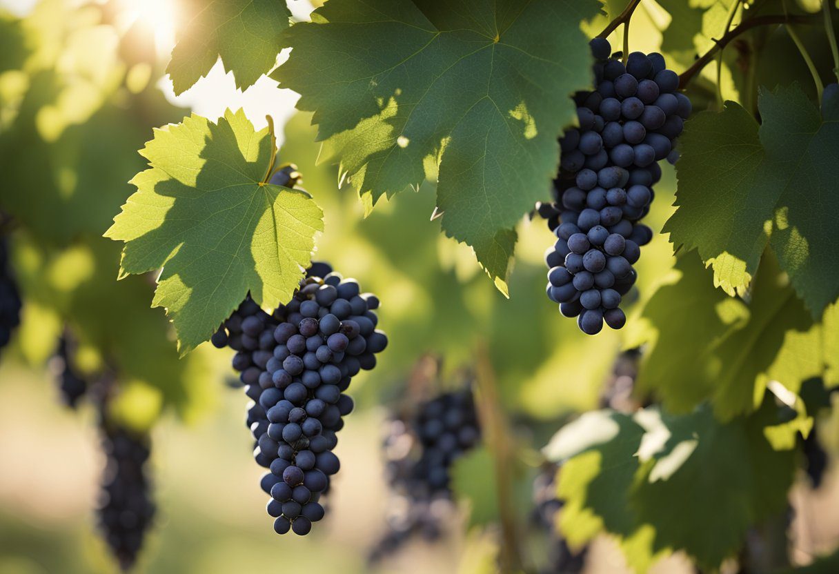 Luscious black grapes hang from a vine, glistening in the sunlight. Their rich color and plumpness hint at the numerous health benefits they offer