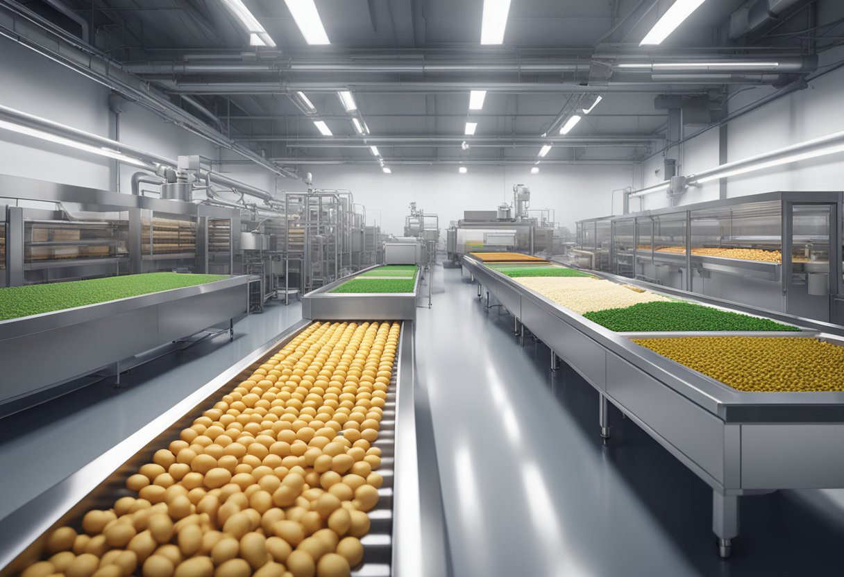 A modern food processing plant with conveyor belts and machinery producing ultra-processed foods