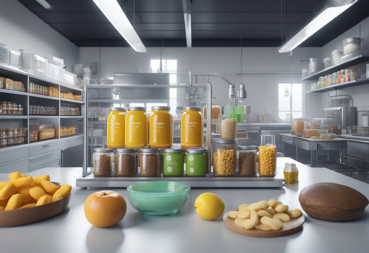 A lab setting with various processed food items and scientific equipment for analysis