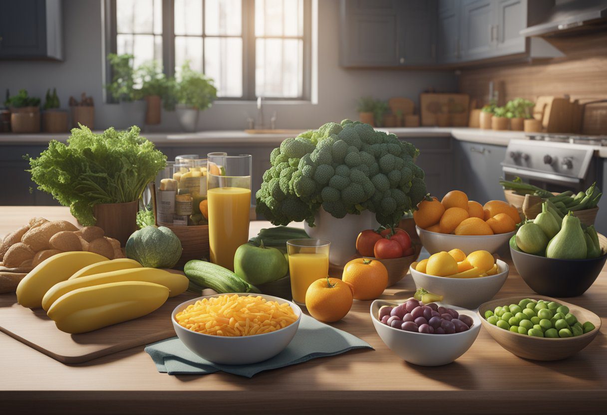 A table with ultra-processed foods and fresh produce, surrounded by health-related items like a scale, measuring tape, and nutritional charts