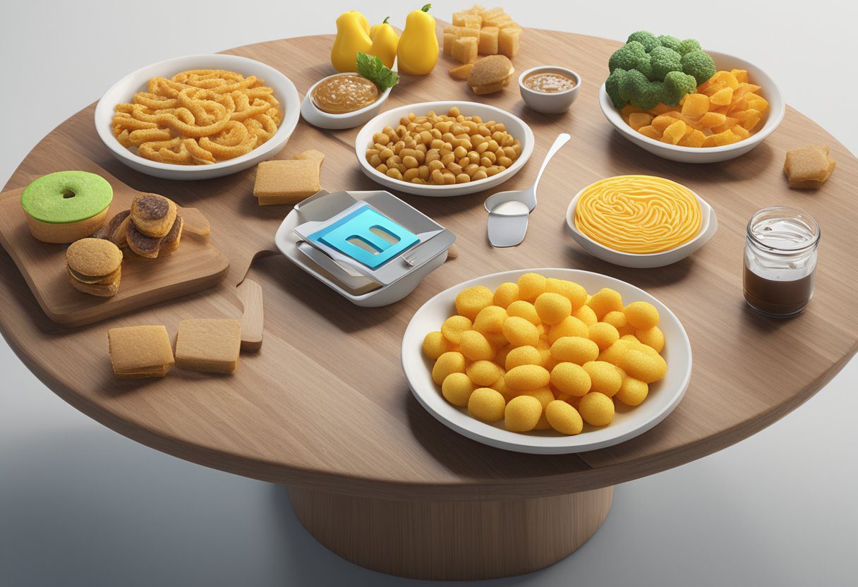 A table with various ultra-processed food items and a question mark symbol hovering above them