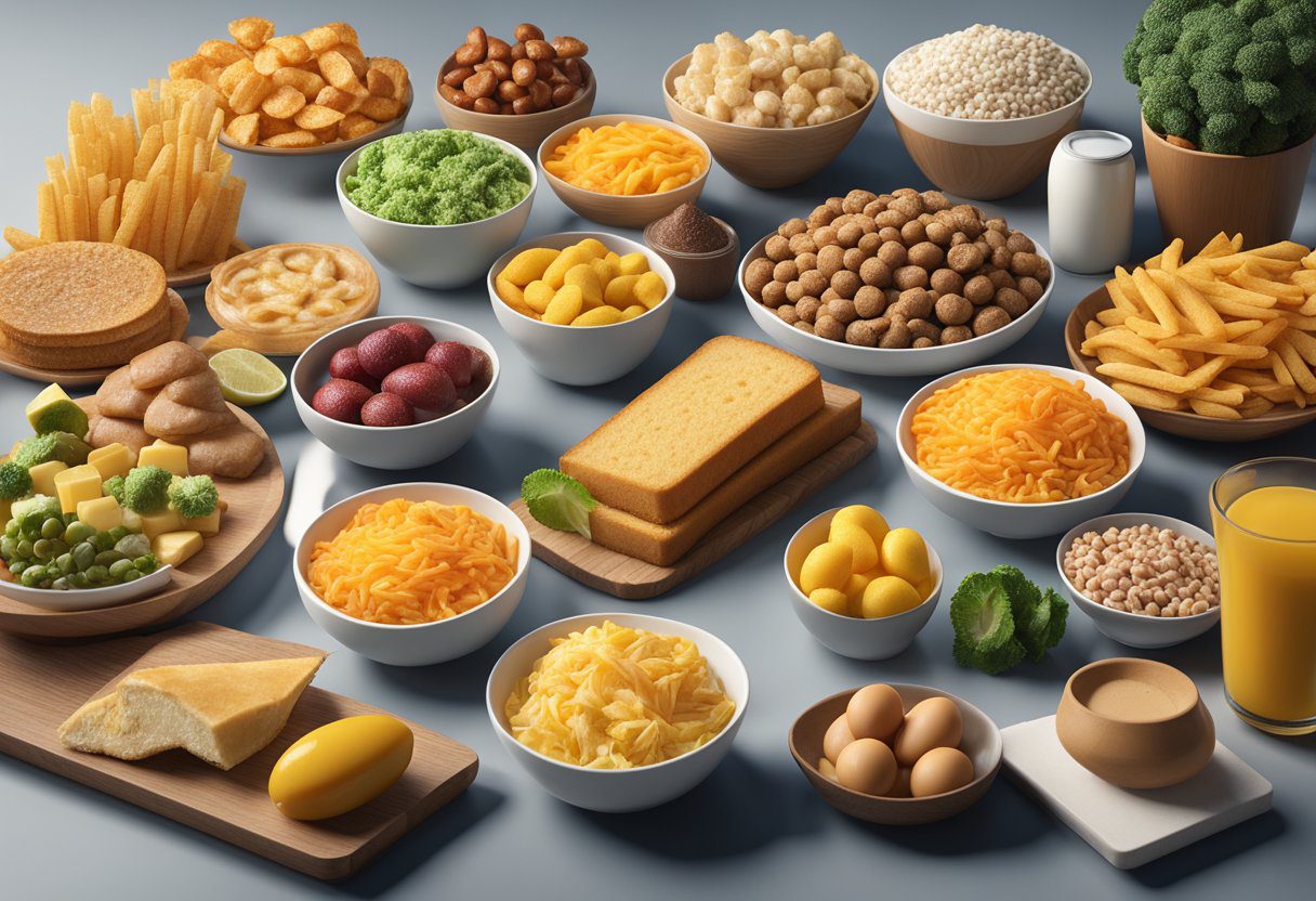 A diverse spread of ultra-processed foods on a table, representing various cultural dietary patterns. A focus on health-conscious choices and their impact