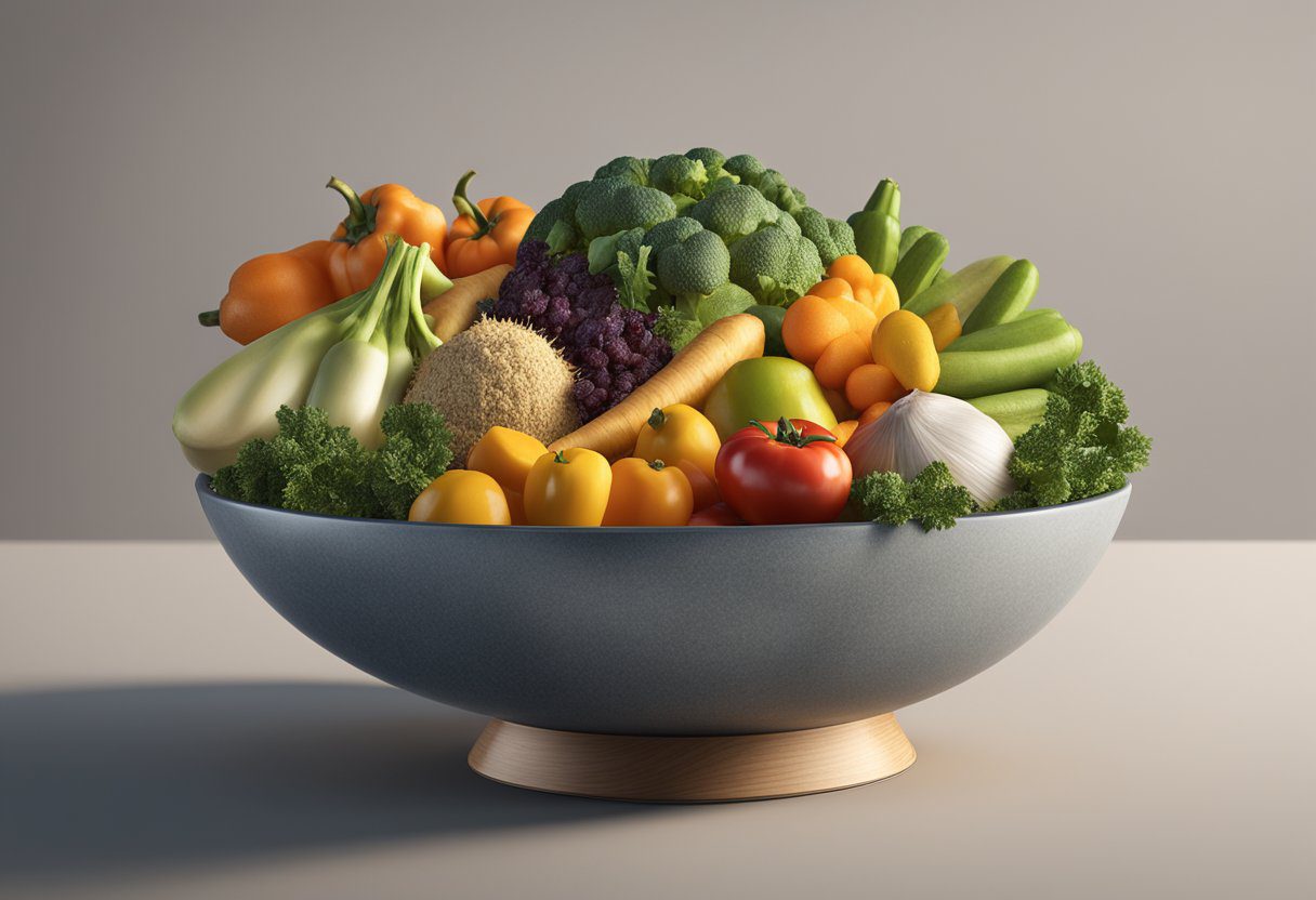 A bowl filled with fresh vegetables, fruits, and grains, with a separate dish of high-protein feed, placed in a clean and spacious container for crickets