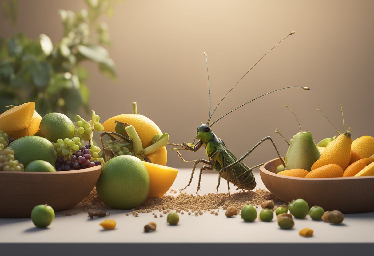 Crickets being fed a balanced diet of fresh fruits, vegetables, and high-quality commercial cricket feed