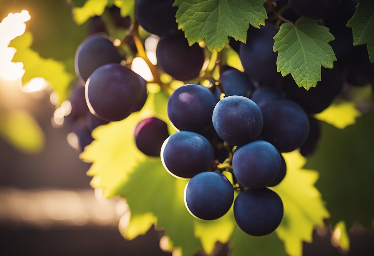 A cluster of black grapes, glistening with moisture, surrounded by a soft glow. Rays of light highlight the rich, deep color of the grapes, evoking a sense of health and vitality