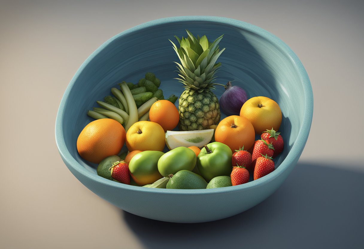 A small dish filled with water and a pile of fresh fruits and vegetables for crickets to feed on