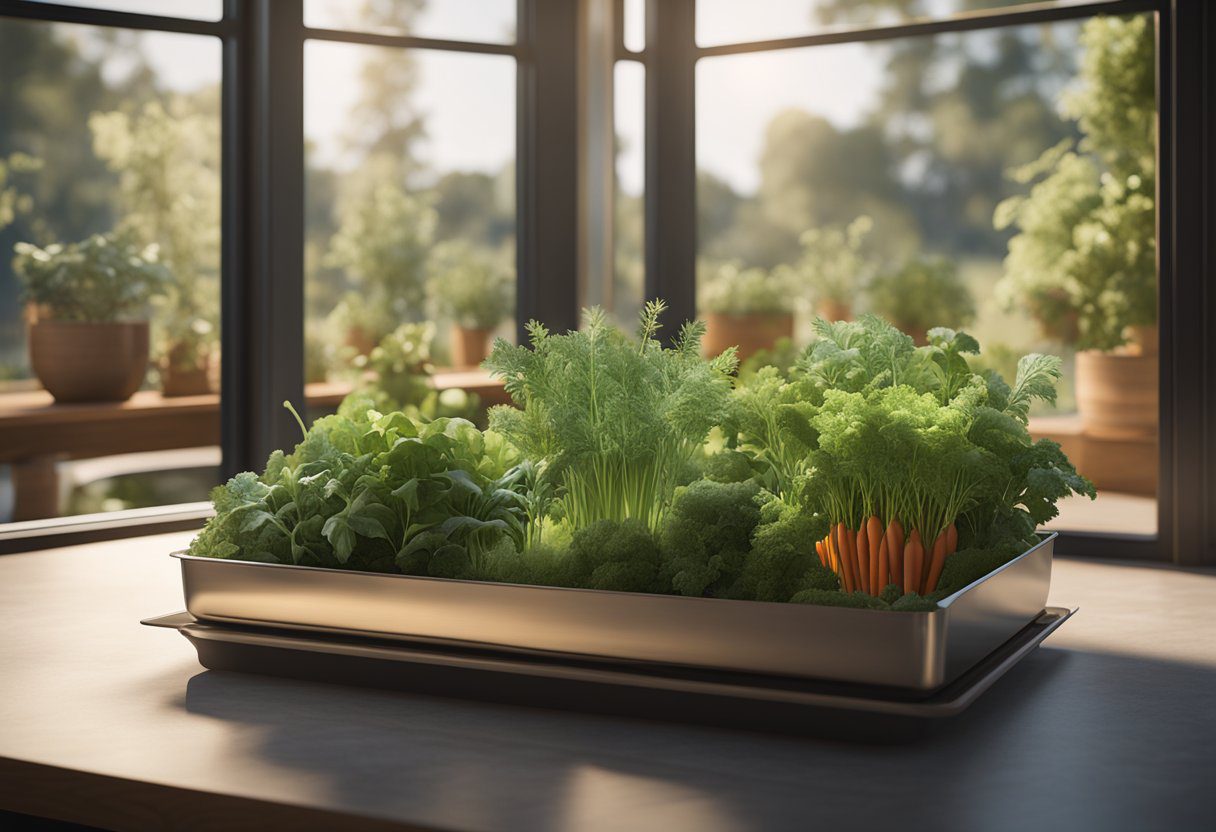 A container of mixed greens, carrots, and oats sits next to a water dish inside a cricket enclosure