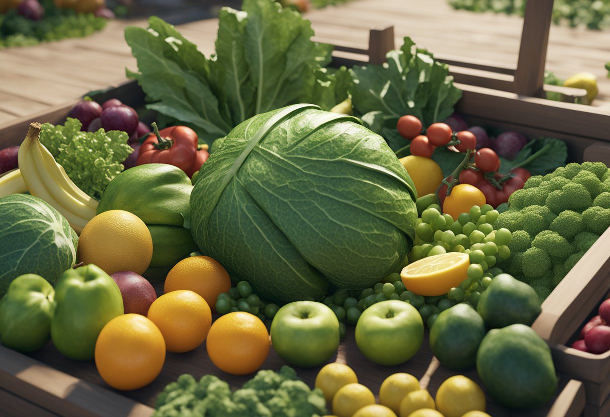 A variety of nutritious foods, such as leafy greens, vegetables, and fruit, are scattered across the bottom of a cricket enclosure