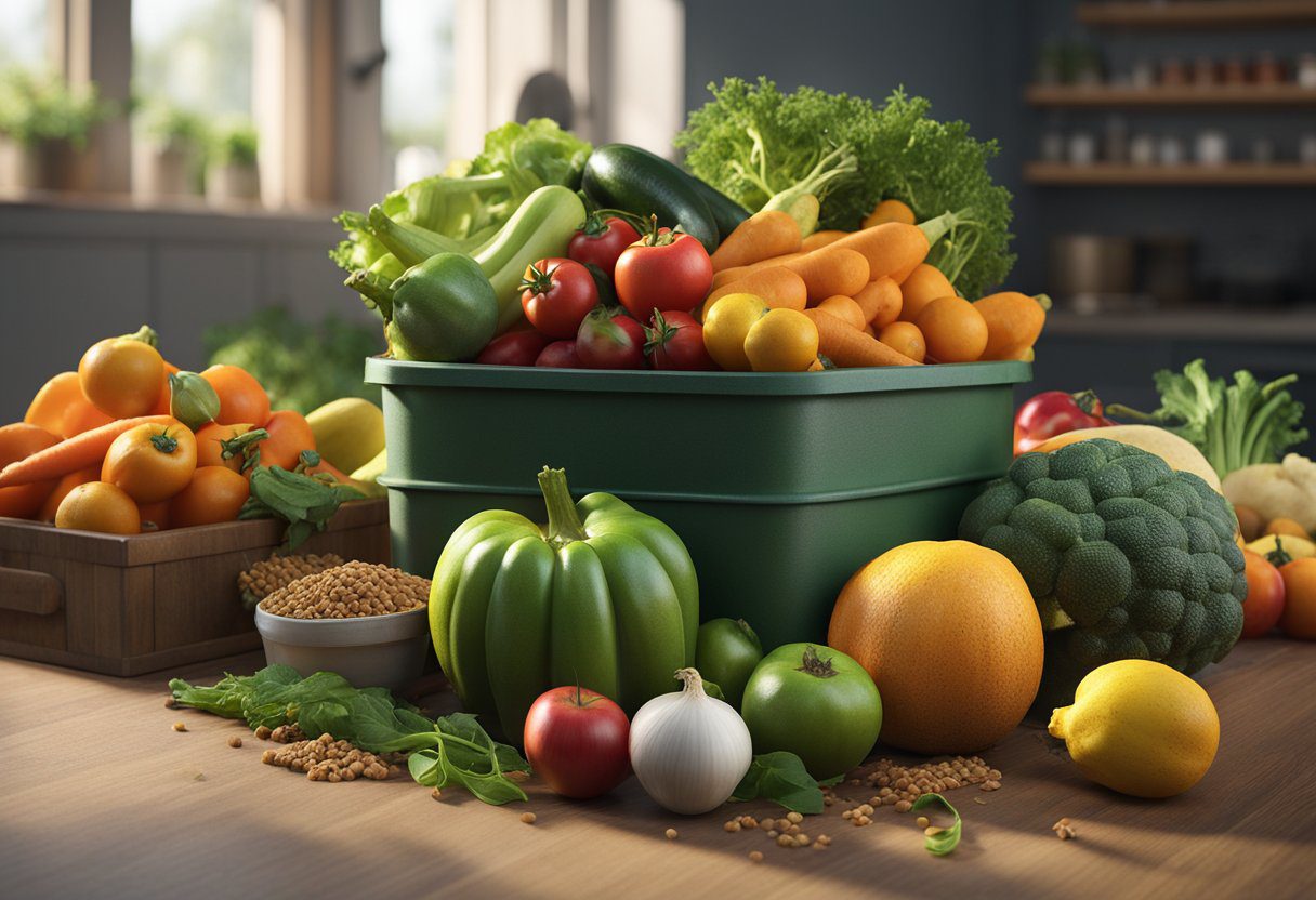 A pile of fresh vegetables and fruits, along with high-protein foods like fish flakes and commercial cricket feed, is spread out in a clean and spacious container for the crickets to feed on