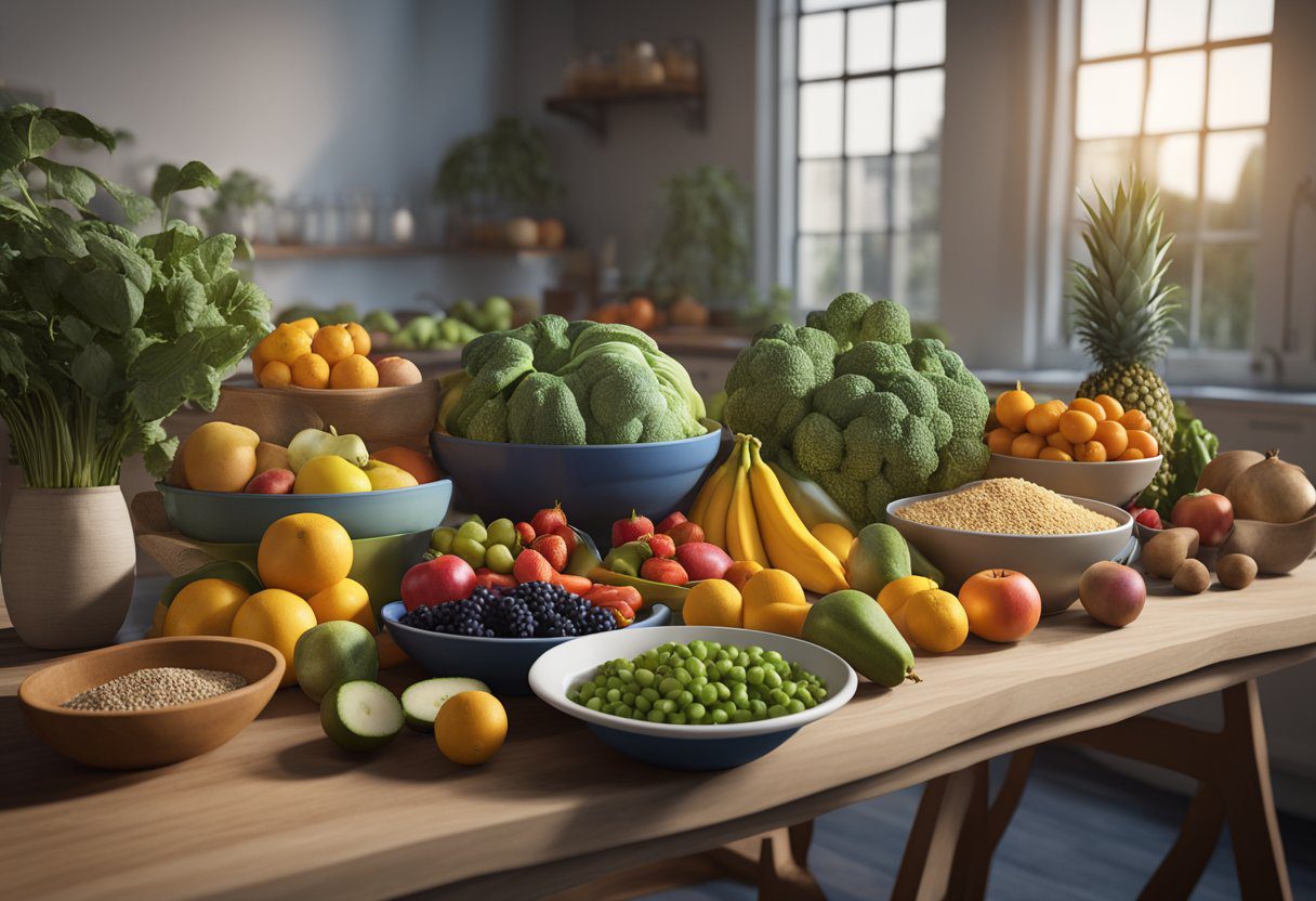 A table filled with colorful fruits, vegetables, lean proteins, and whole grains. Scales and measuring cups are nearby, indicating portion control