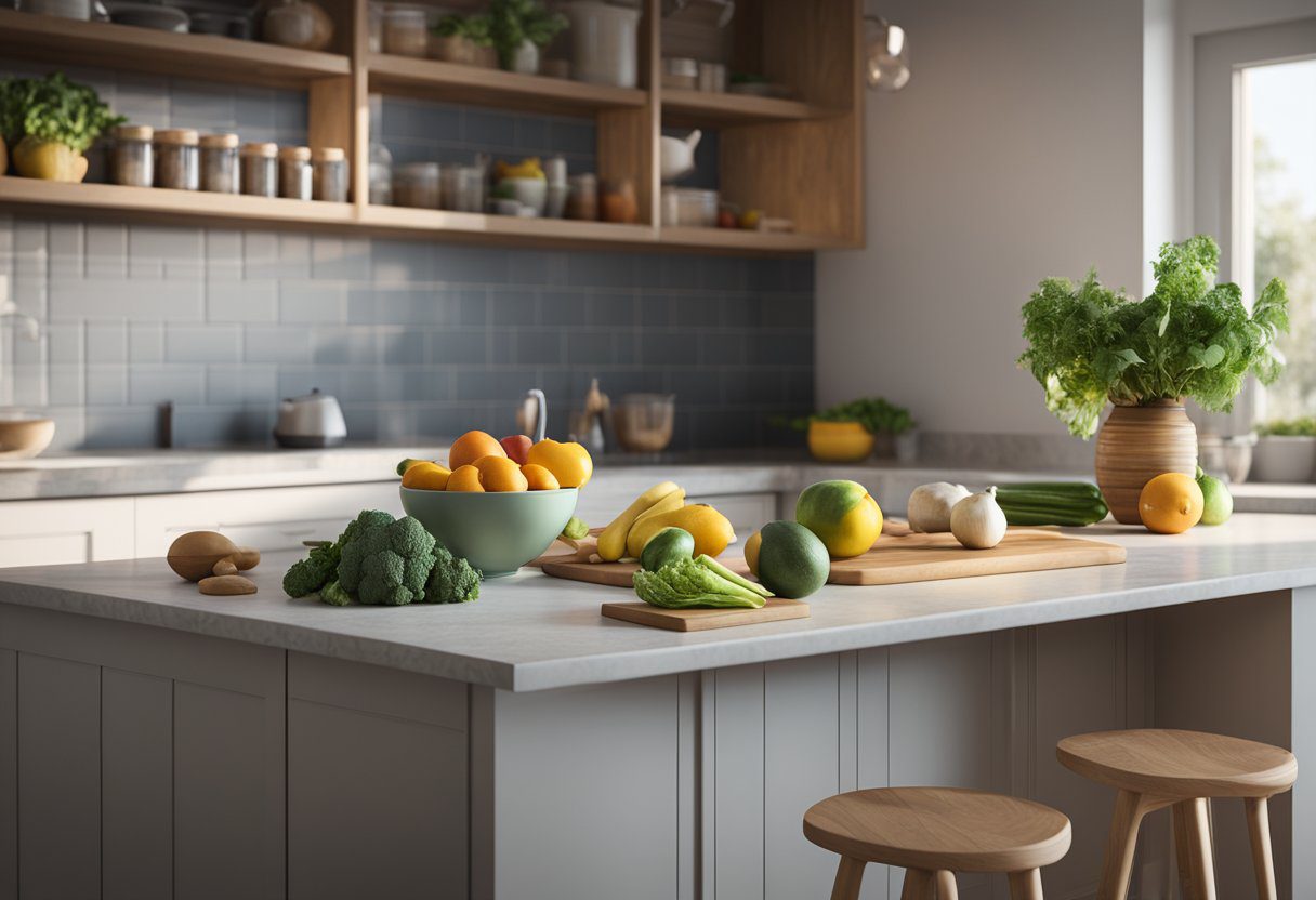 A kitchen counter with fresh fruits, vegetables, lean proteins, and portioned meals. A scale and measuring cups are nearby