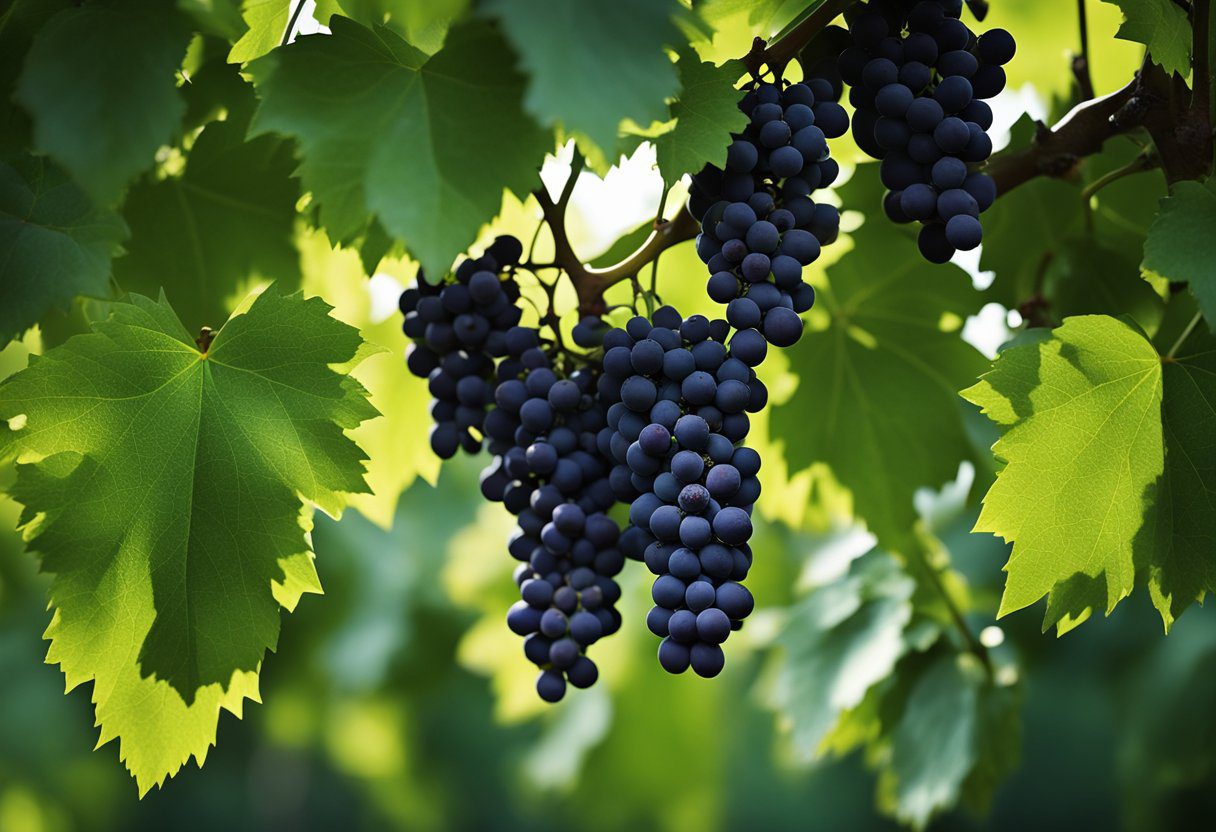 A cluster of black grapes hangs from a vine, showcasing its deep purple color and glossy skin. The grapes are surrounded by lush green leaves, emphasizing their unique compounds and health benefits