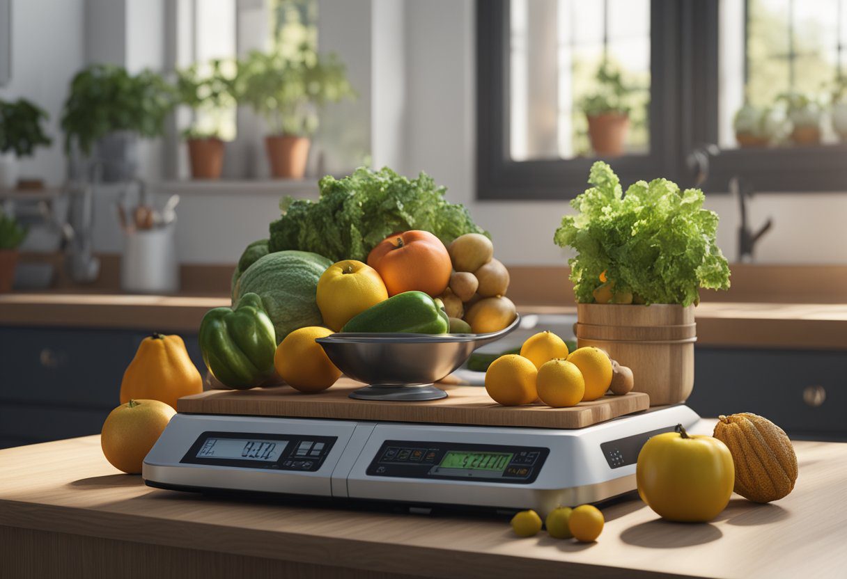 A scale surrounded by fresh fruits and vegetables, a measuring tape, and a journal for tracking progress