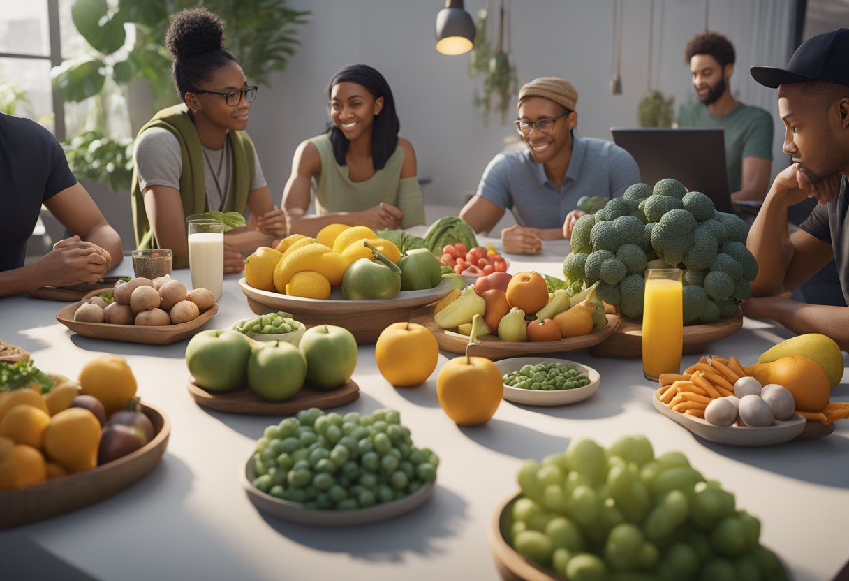 A group of diverse individuals gather in a supportive environment, discussing healthy eating and portion control. A variety of fruits, vegetables, and lean proteins are displayed on a table