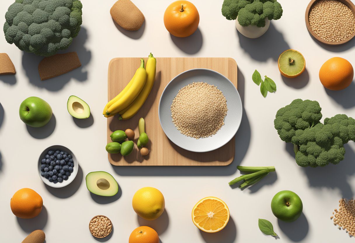 A balanced plate with measured portions of fruits, vegetables, lean protein, and whole grains, alongside a journal and a weight scale