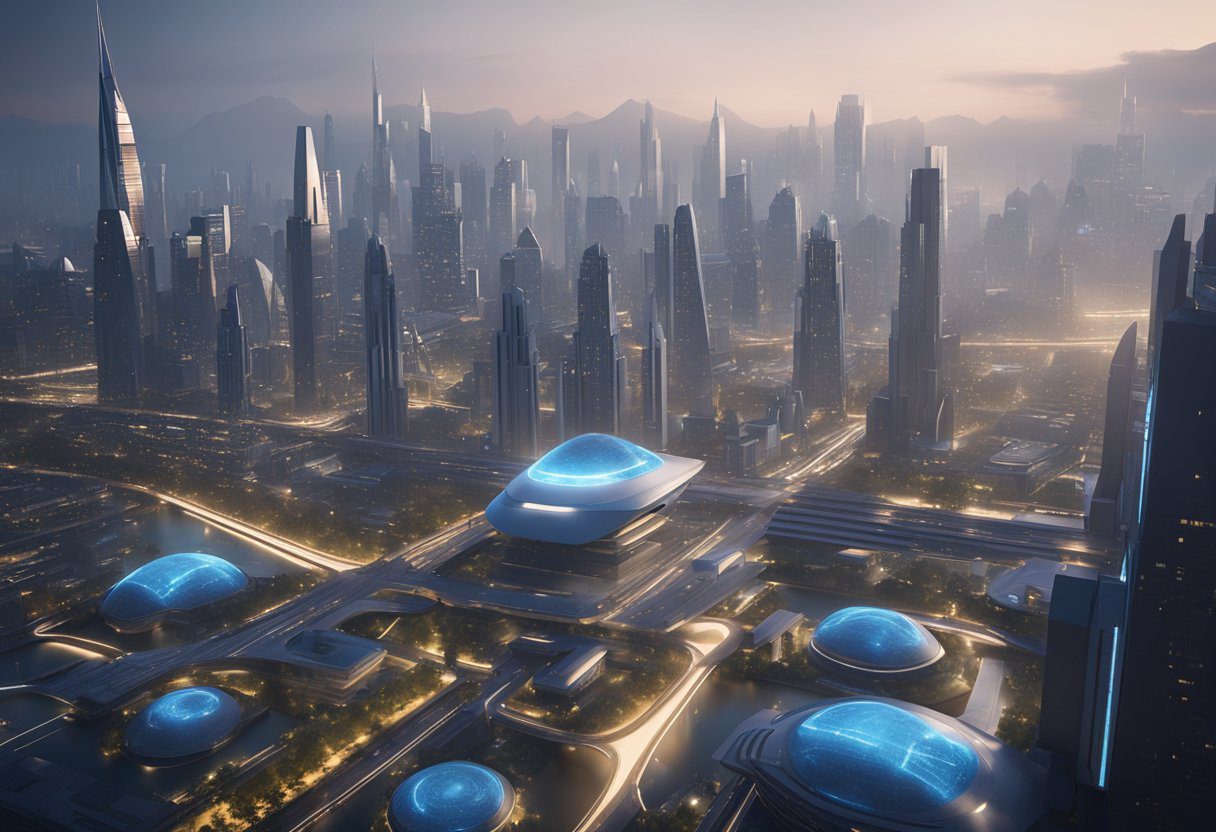 A futuristic city skyline with sleek, cutting-edge buildings and advanced transportation systems, showcasing the latest innovations and technological advancements