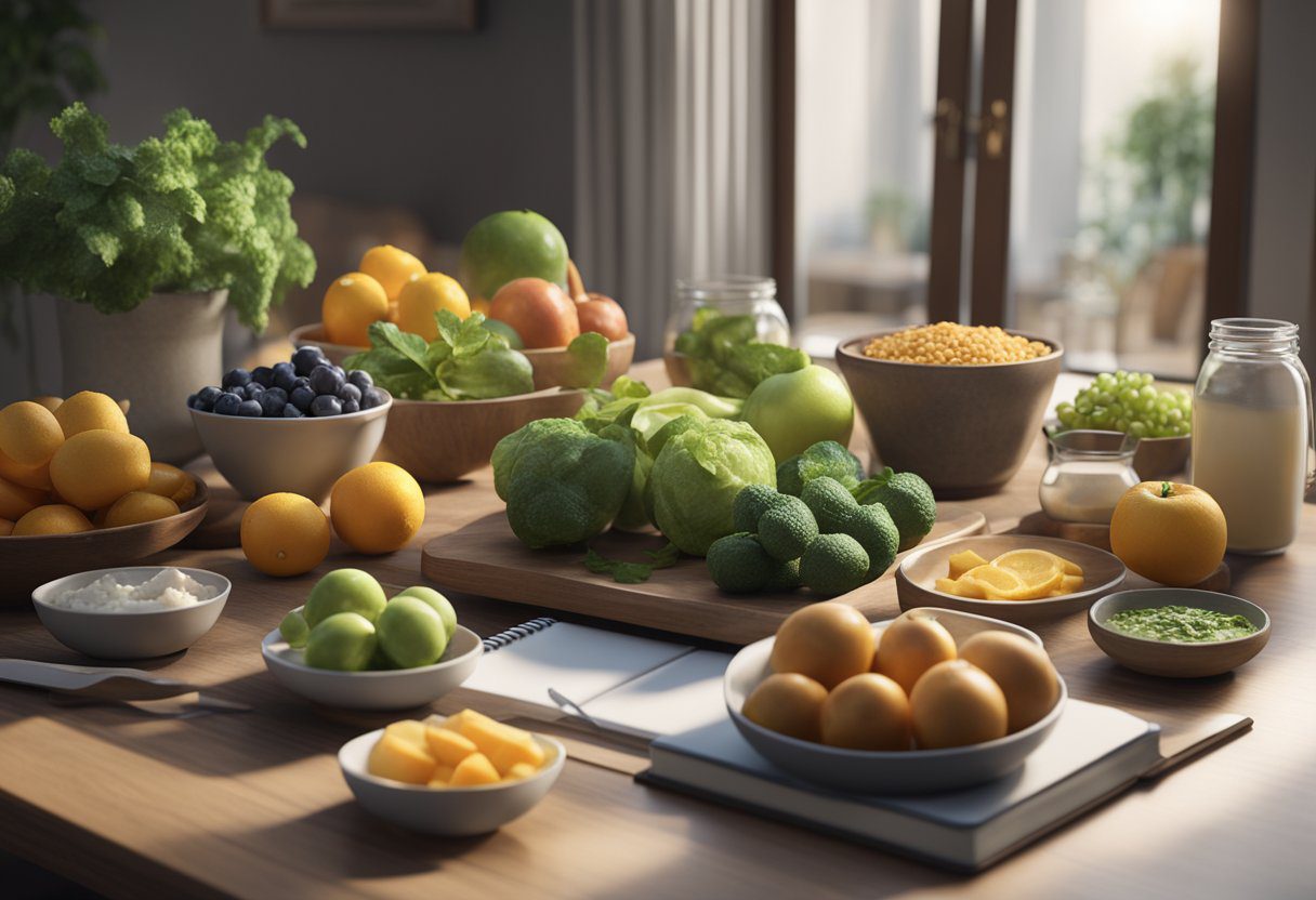 A table with a variety of healthy foods, a scale, and a notebook for tracking meals and progress