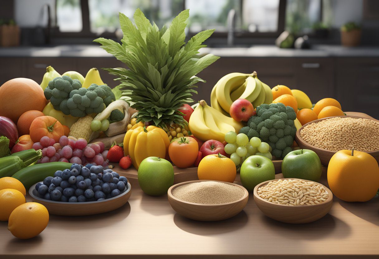 A table filled with colorful fruits, vegetables, lean proteins, and whole grains. A scale and tape measure symbolize weight loss and improved health