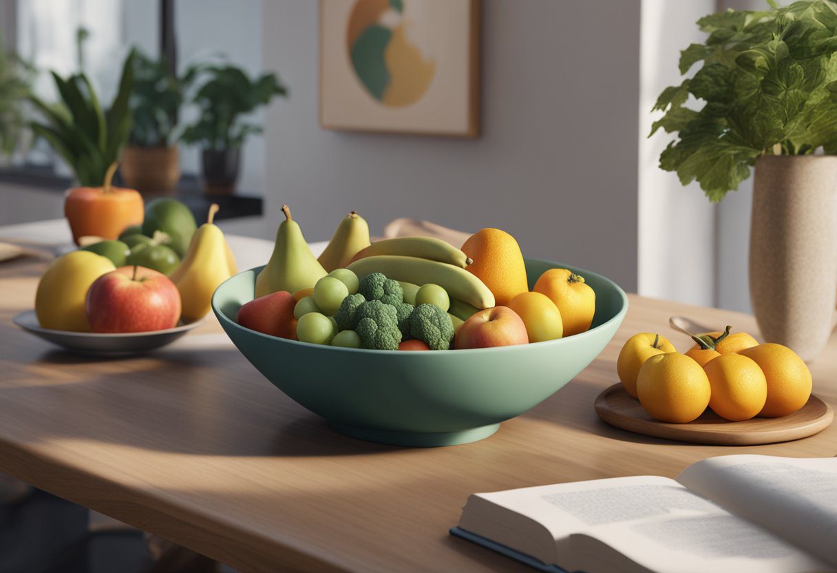 A table with a bowl of fruits, a plate of veggies, and a scale. A person reading a book titled "Weight Watchers Diet" with a question mark above their head