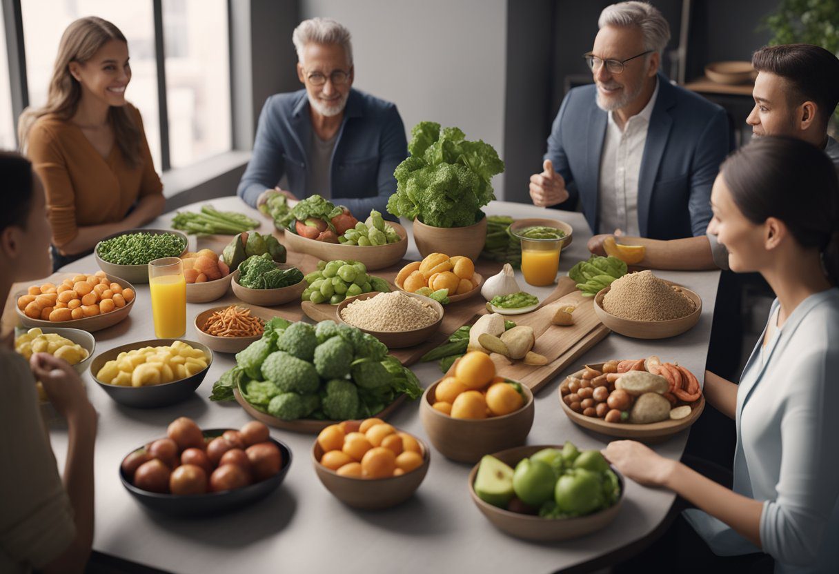 A table filled with healthy foods, a scale, and a group of people discussing weight loss and nutrition