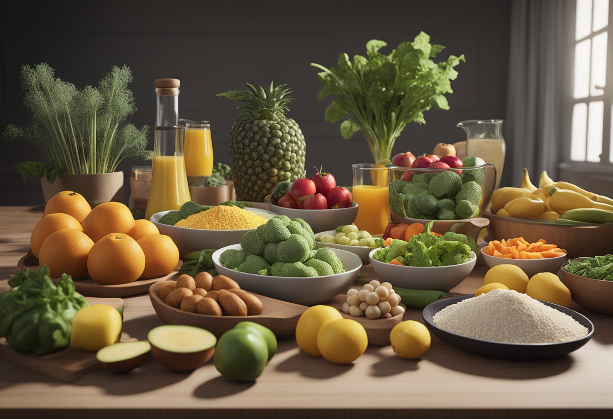 A table with a variety of healthy foods, including fruits, vegetables, lean proteins, and whole grains, surrounded by measuring cups and a scale