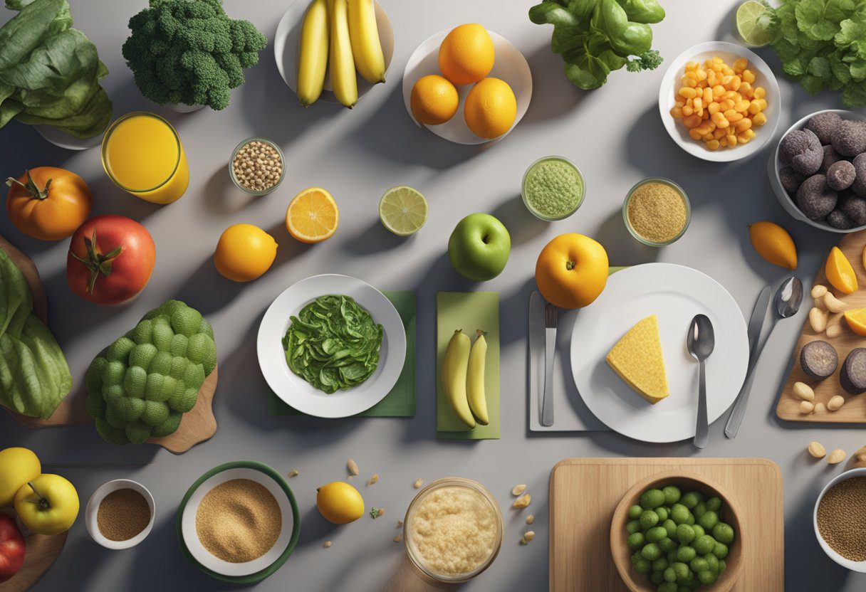 A table with a variety of healthy foods, a scale, and a measuring tape. A person tracking their progress on a chart