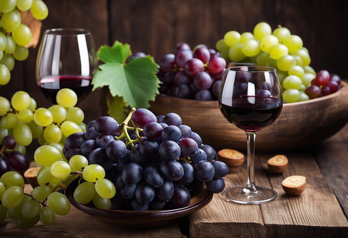 A bowl of black grapes sits on a wooden table, surrounded by other fruits. A glass of red wine is placed next to the grapes, emphasizing their use in wine production