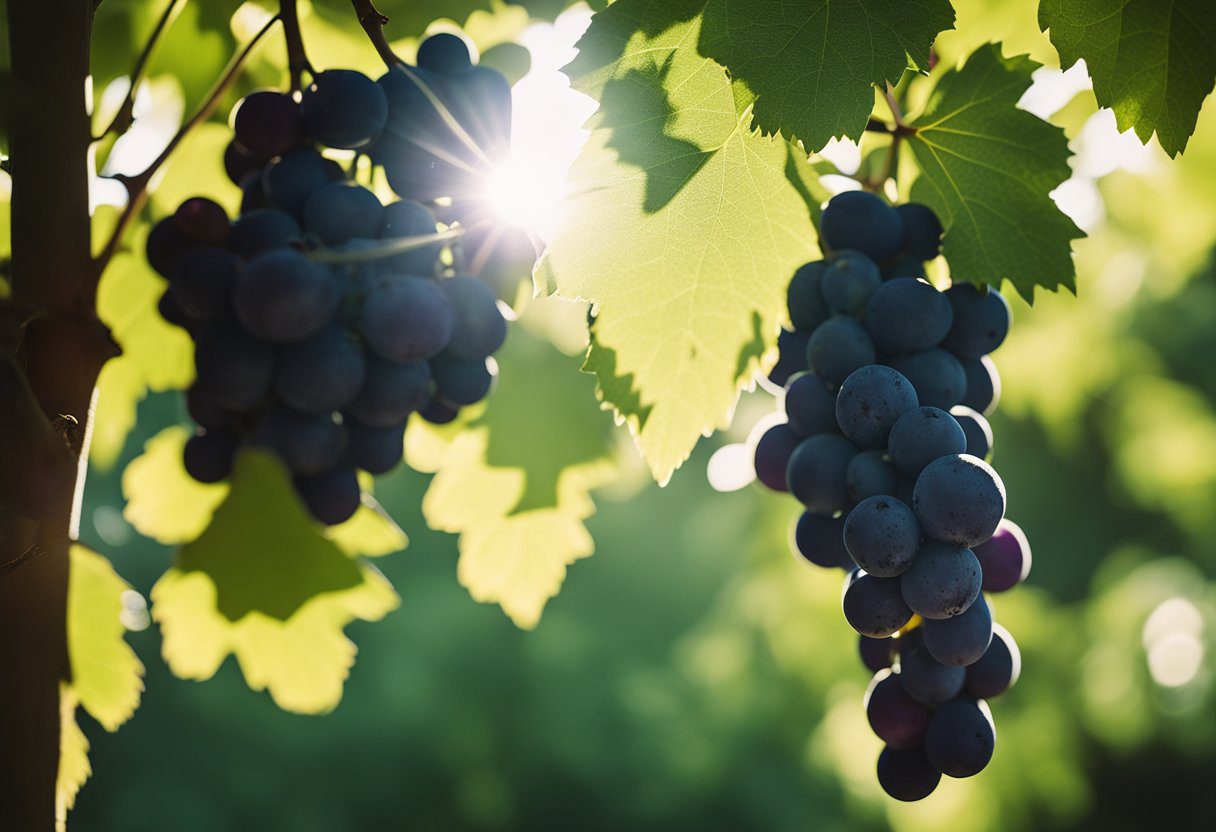 A bunch of black grapes surrounded by leaves, with rays of sunlight shining down on them, showcasing their health benefits