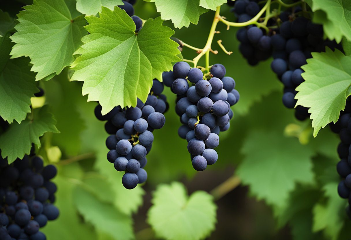 A bunch of black grapes surrounded by vibrant green leaves, showcasing their juicy and plump appearance