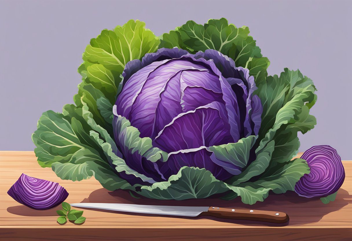 A vibrant purple cabbage sits on a wooden cutting board, surrounded by scattered leaves and a sharp knife