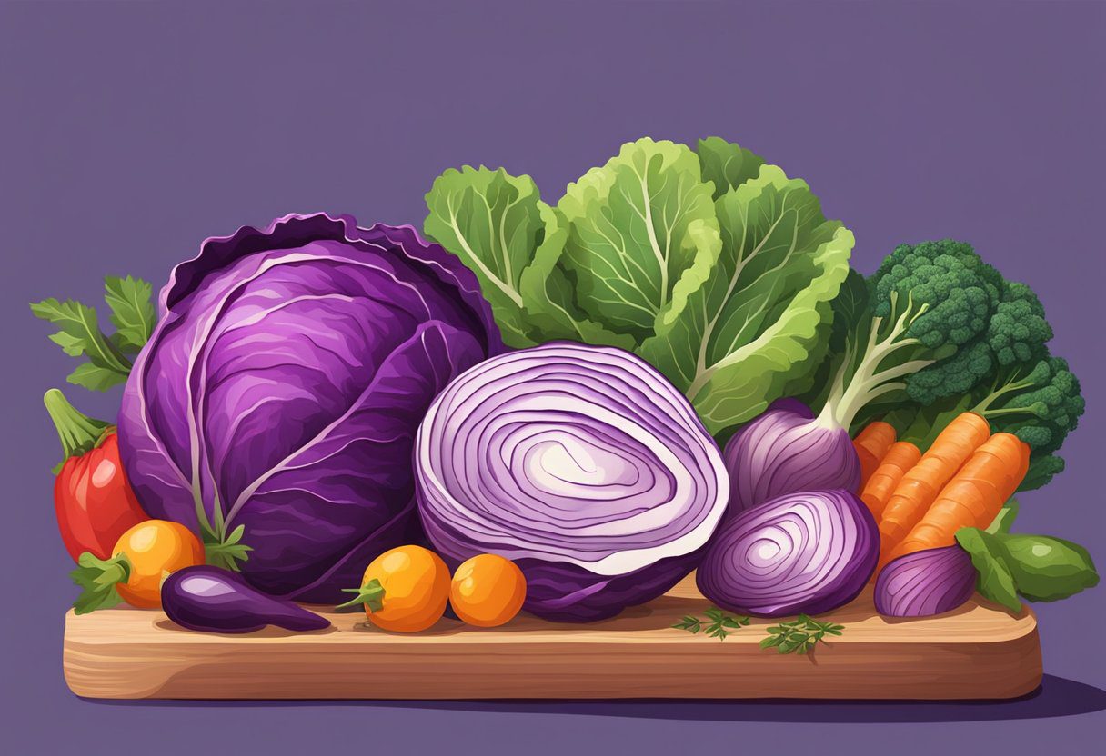 A vibrant purple cabbage sits on a wooden cutting board, surrounded by colorful vegetables and herbs