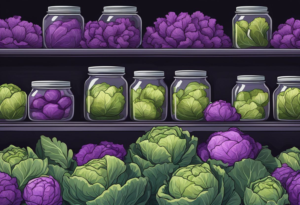 A pile of vibrant purple cabbages neatly arranged in a cool, dark storage area, with shelves lined with jars of pickled cabbage for preservation
