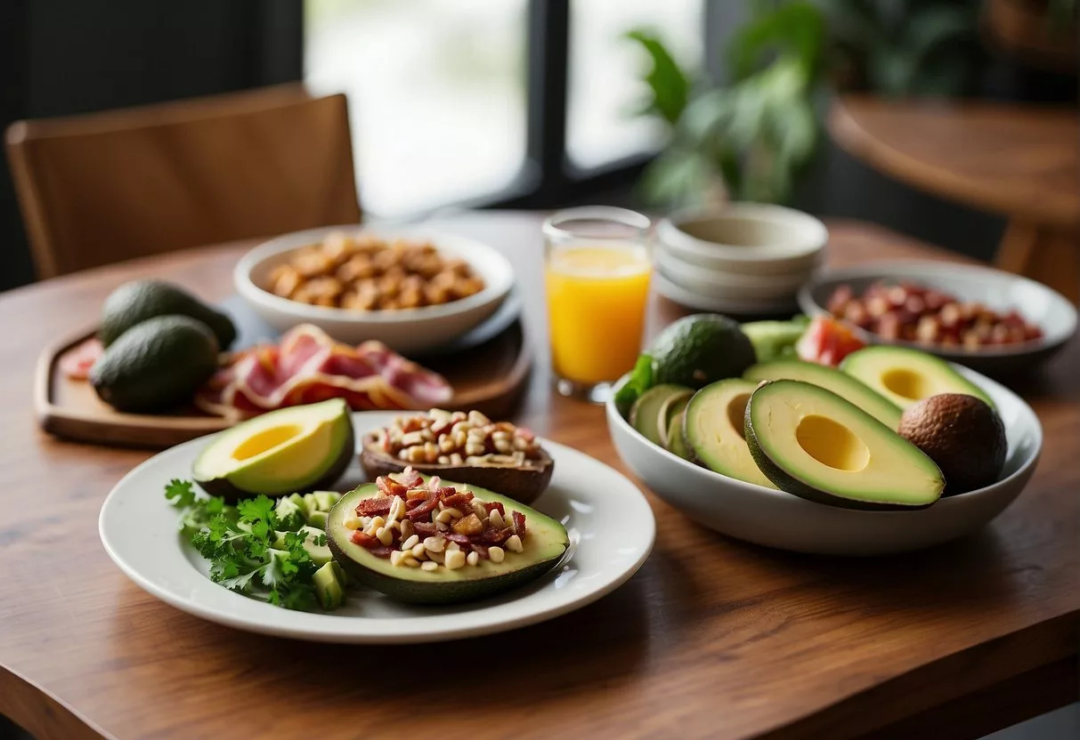 A table with two plates, one filled with keto-friendly foods like avocados and bacon, and the other with paleo-friendly foods like lean meats and fruits. A sign above each plate reads "Keto" and "Paleo."