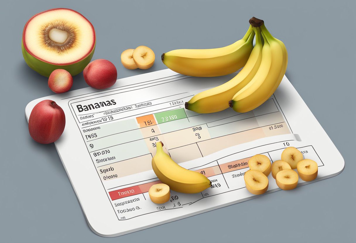 A table with red bananas, a measuring scale, and nutritional information labels