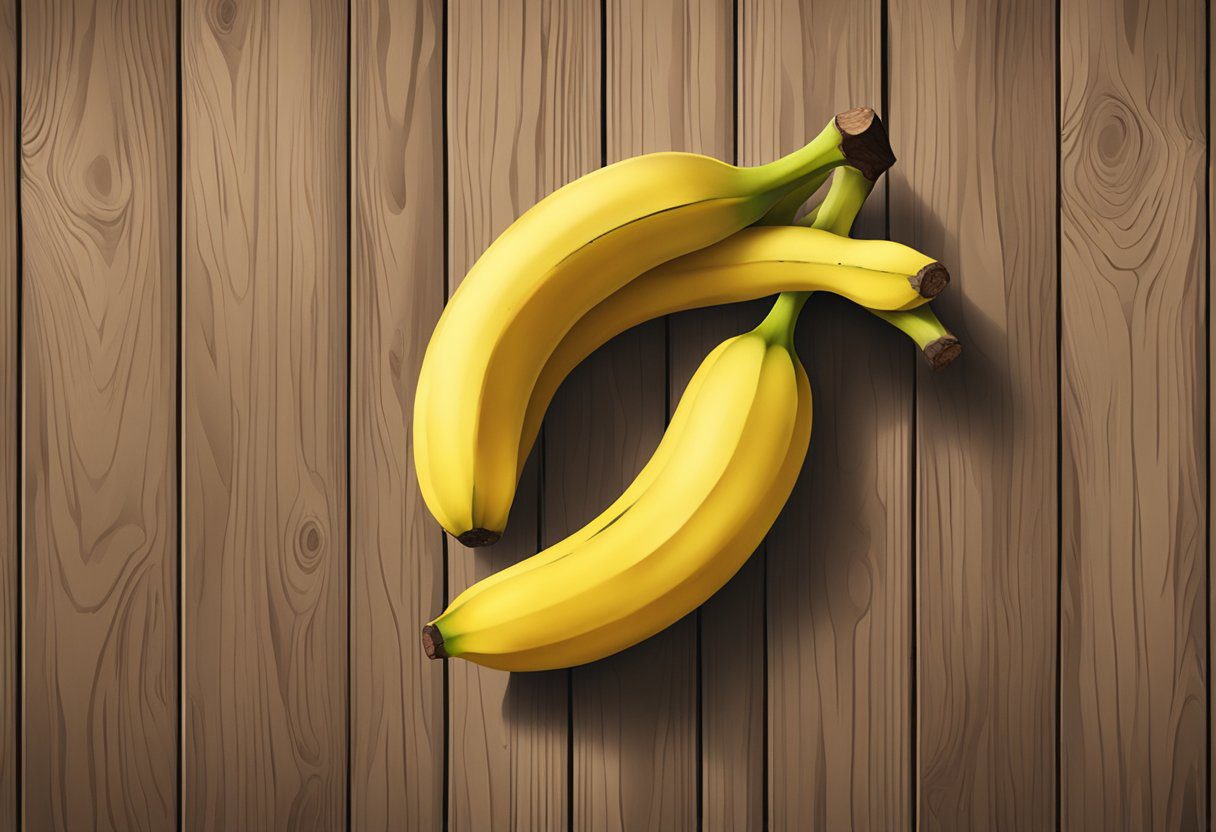 Two bunches of bananas, one bright yellow and the other deep red, sit side by side on a wooden table