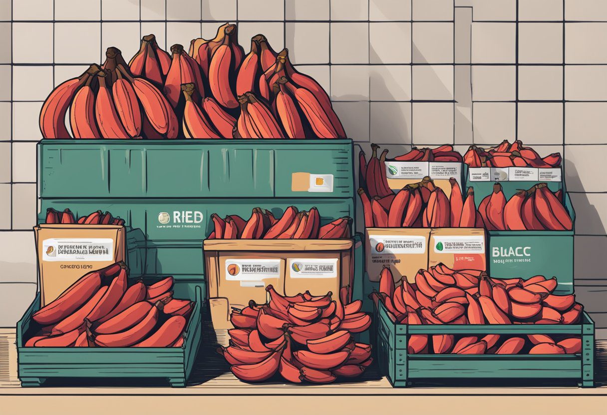 Red bananas stored in a cool, dry place. Handle with care to avoid bruising. Label clearly for easy identification