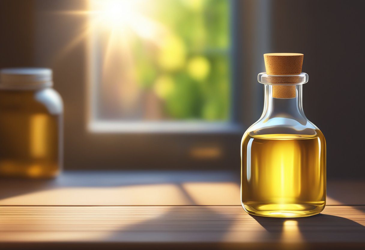 A small bottle of sweet oil sits on a wooden table, with a soft glow from the sunlight streaming through a nearby window