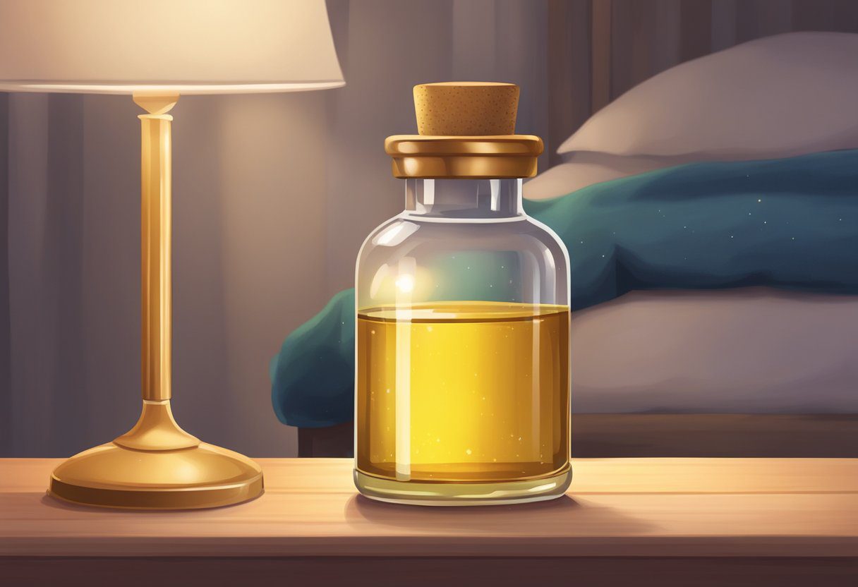 A child-friendly bottle of sweet oil sits on a shelf, next to a cozy bed with a small, comforting night light