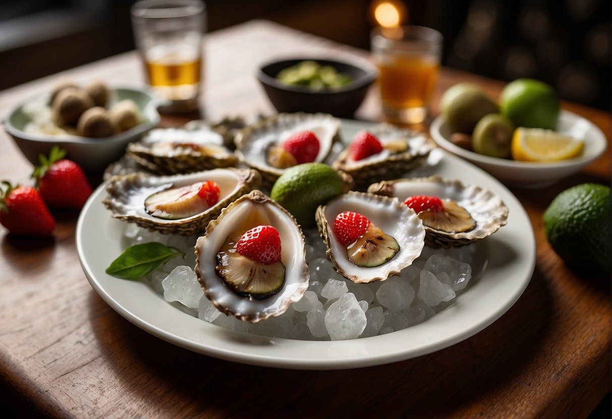 A table with oysters, figs, avocados, and strawberries. A warm, inviting atmosphere with soft lighting and romantic ambiance