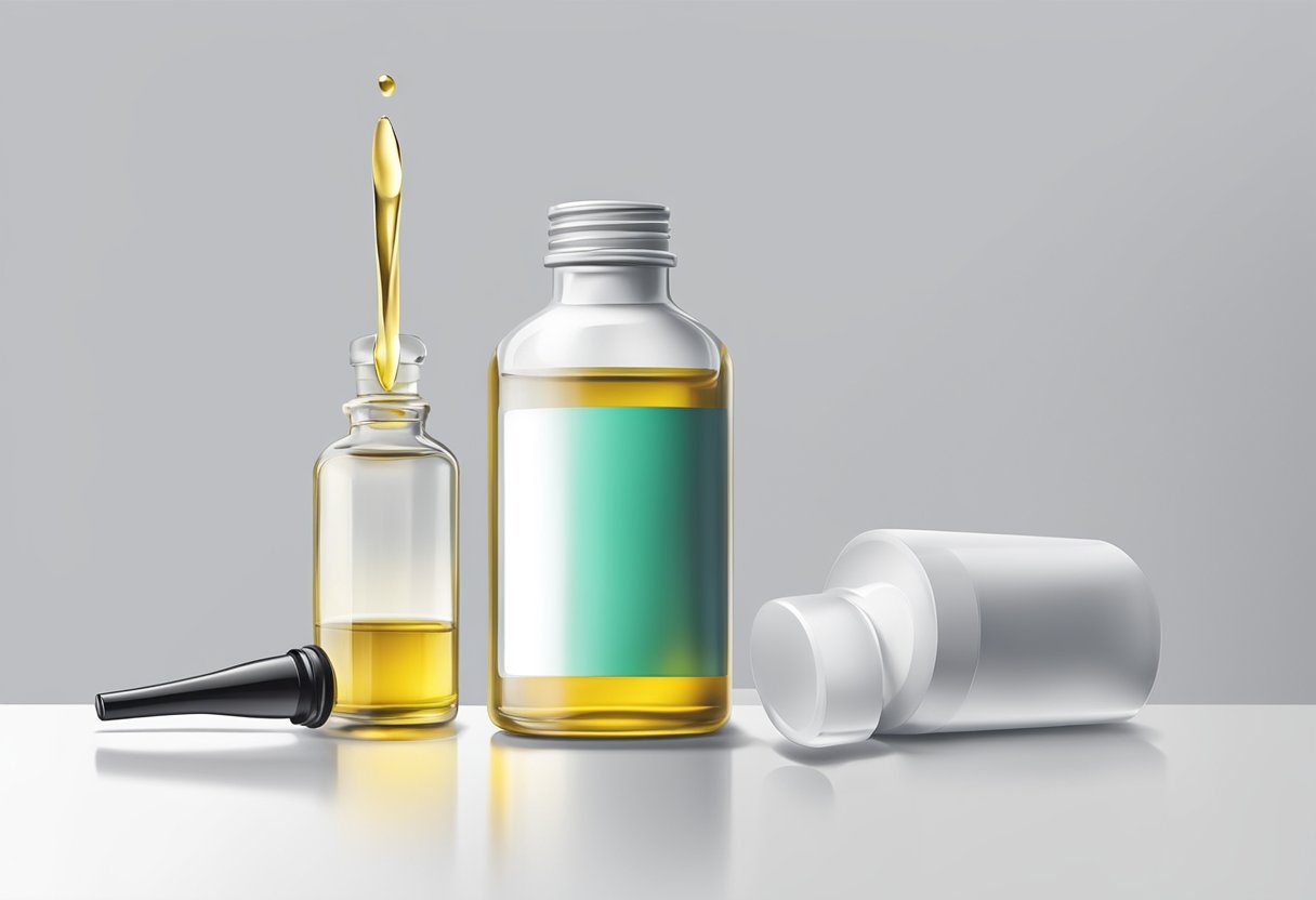 A bottle of sweet oil sits on a clean, white medical table. A dropper hovers above, ready to dispense the oil into a waiting ear