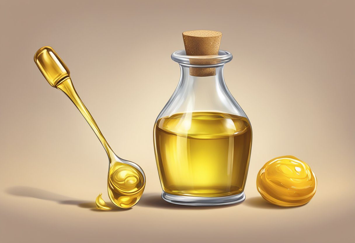 A bottle of sweet oil sits next to a dropper and a pair of ears. One ear appears uncomfortable, while the other looks relieved