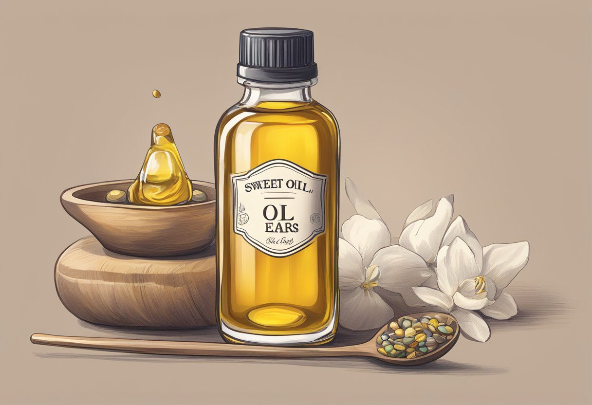 A small bottle of sweet oil sits on a table, with a dropper next to it. The label reads "Sweet Oil for Ears."