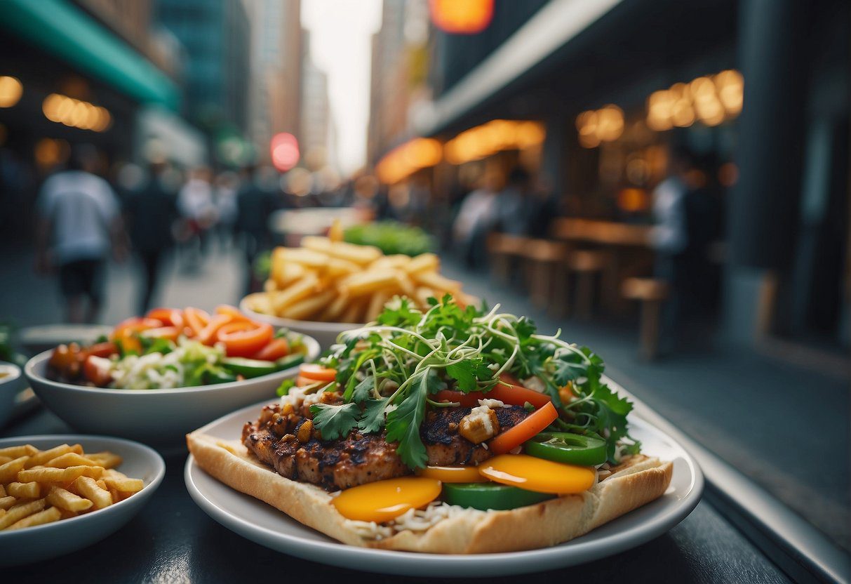 A bustling futuristic city street lined with sleek, eco-friendly fast food joints serving colorful, plant-based meals to a diverse crowd