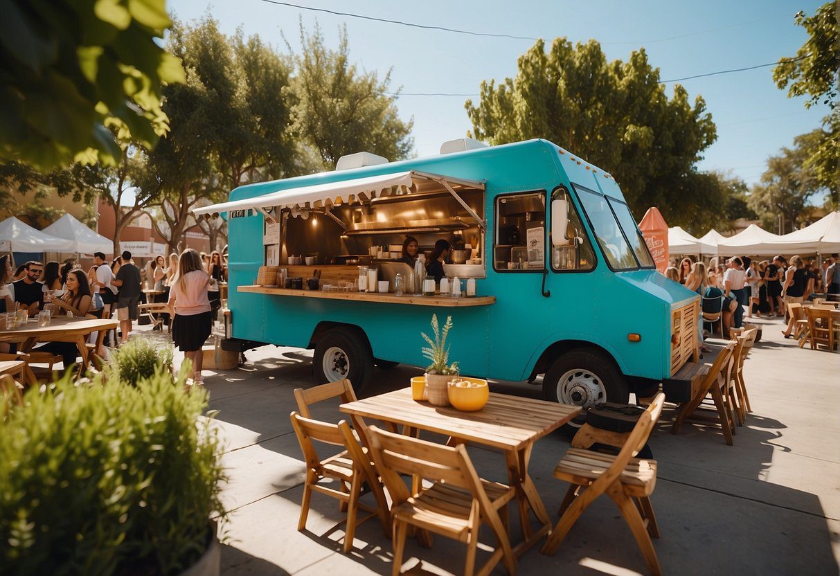 A vibrant food truck serves colorful plant-based bowls and wraps, surrounded by customers enjoying outdoor seating and live music
