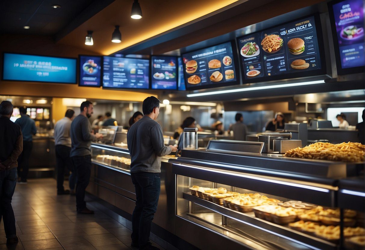 A bustling restaurant with futuristic decor, serving colorful and nutritious fast food options. Customers eagerly line up to order from digital kiosks, while staff prepare fresh and vibrant dishes behind the counter