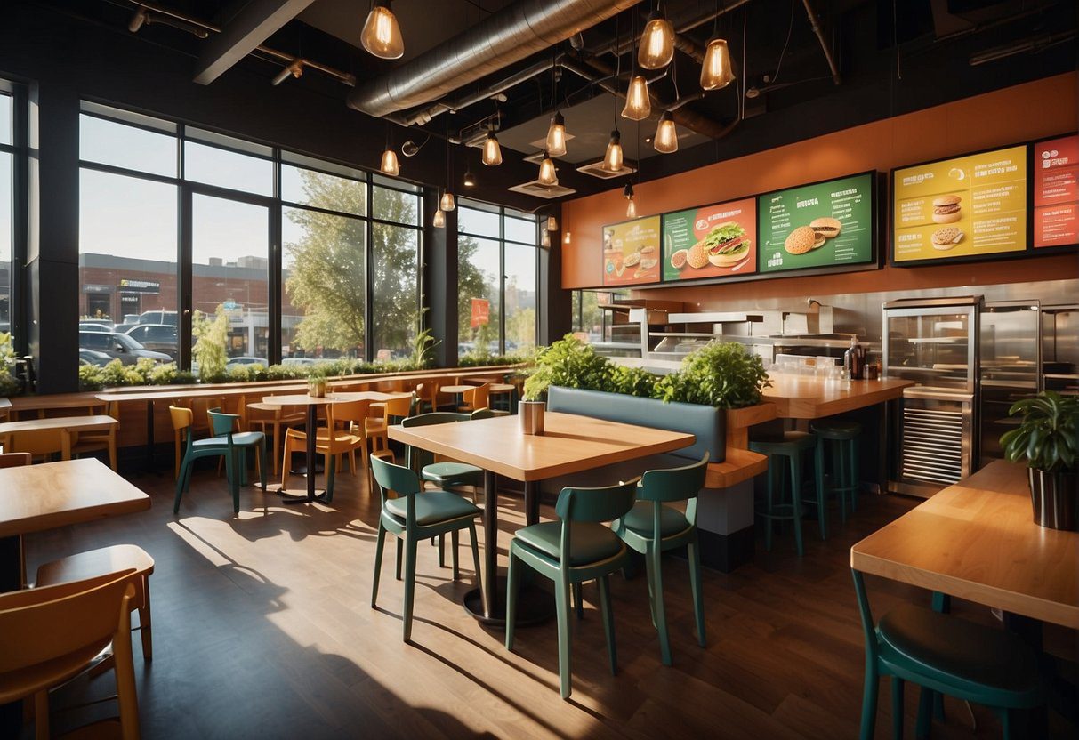 A vibrant, modern fast food restaurant with a focus on fresh, colorful ingredients. The menu prominently features plant-based options and innovative, sustainable packaging. Customers are seen enjoying their meals in a bright, welcoming atmosphere