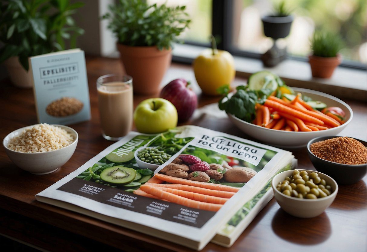 A table filled with plant-based foods, protein alternatives, and gut-friendly ingredients, surrounded by colorful recipe books and wellness magazines