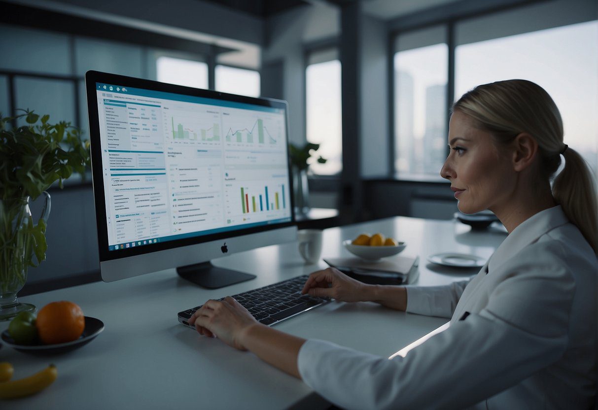 A nutritionist customizes a diet plan on a computer, surrounded by charts and graphs. A futuristic meal delivery drone hovers in the background