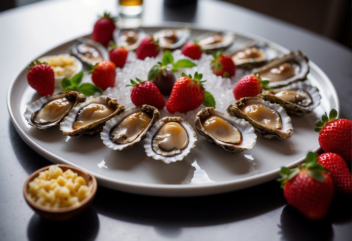 A table with various aphrodisiac foods arranged in an enticing display, such as oysters, chocolate, strawberries, and figs. A romantic ambiance with soft lighting and a hint of sensuality